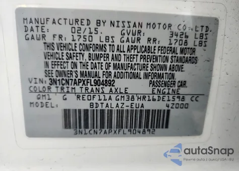 2015 Nissan Versa S z USA, uszkodzony, nr VIN 3N1CN7APXFL904892